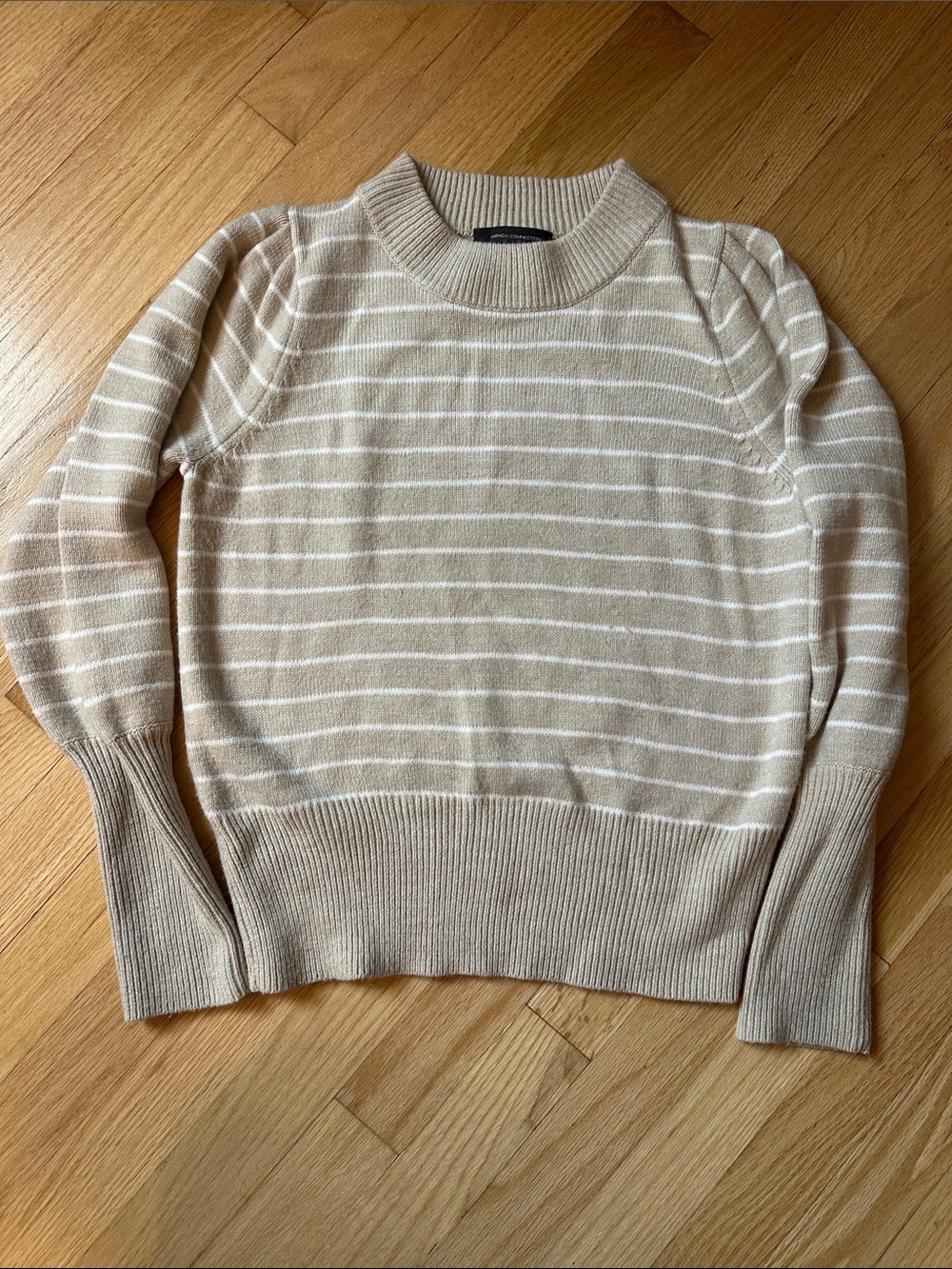 French Connection Striped Crewneck Sweater in Beige and White